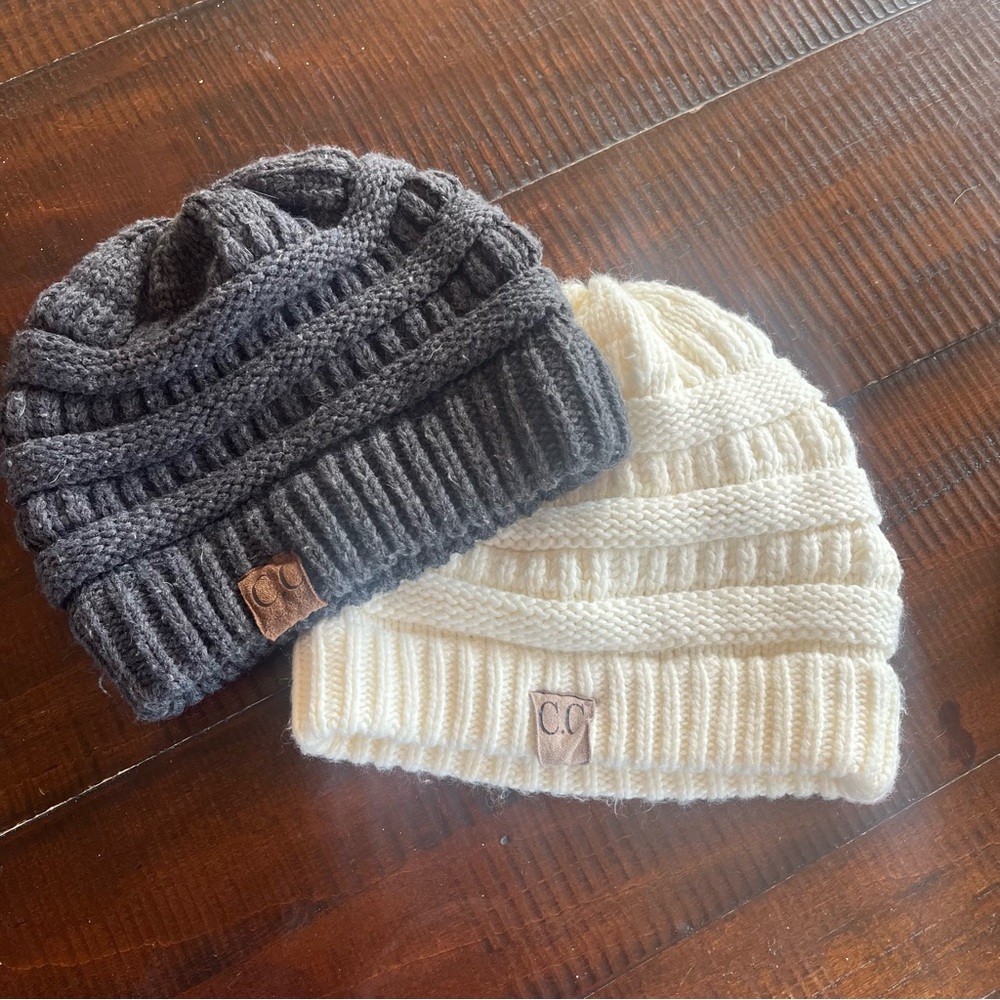 CC womens Knit Beanie Duo - Dark Gray and Cream